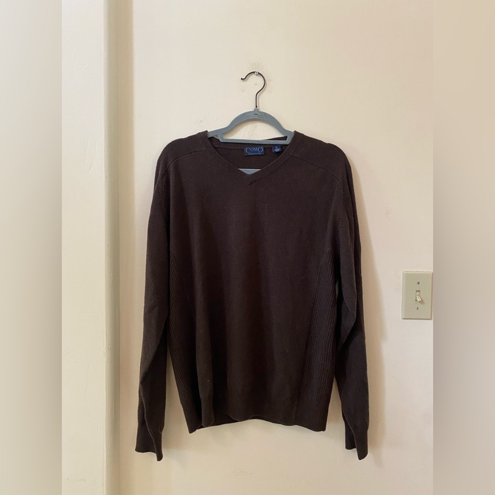COMO Sport 100% Cashmere V-Neck Brown Sweater Montreux Logo Size M
